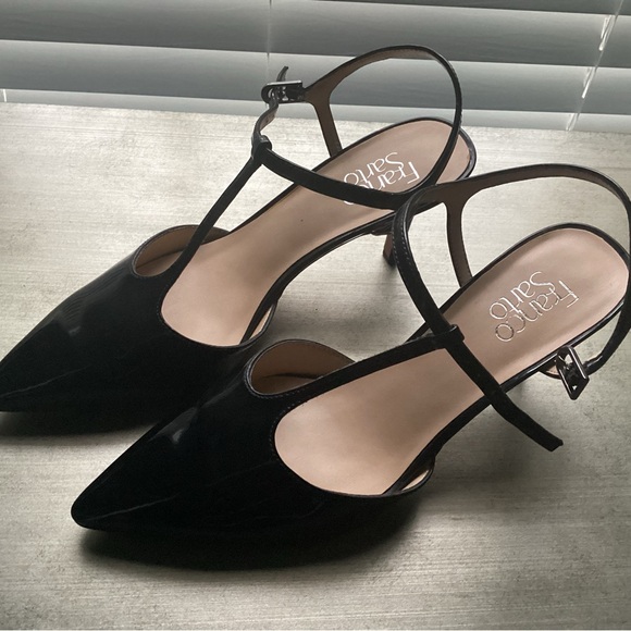 Franco Sarto Black Heels with Pointed Toe and Ankle Strap - Picture 3 of 6